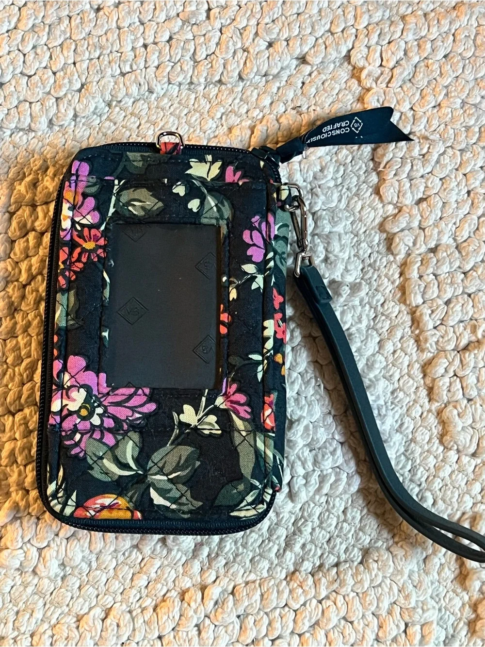 Vera Bradley Black Floral Wristlet Phone Case with Pink & Yellow Blooms